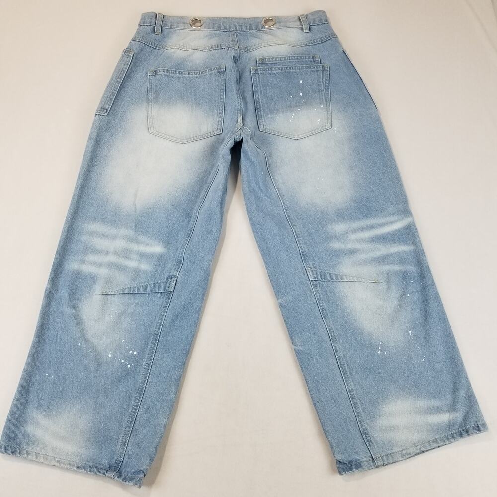Flamingals Jeans Womens XL Moxie Barrel Low Slung Paint Splatter Grommet Tie - Picture 3 of 12